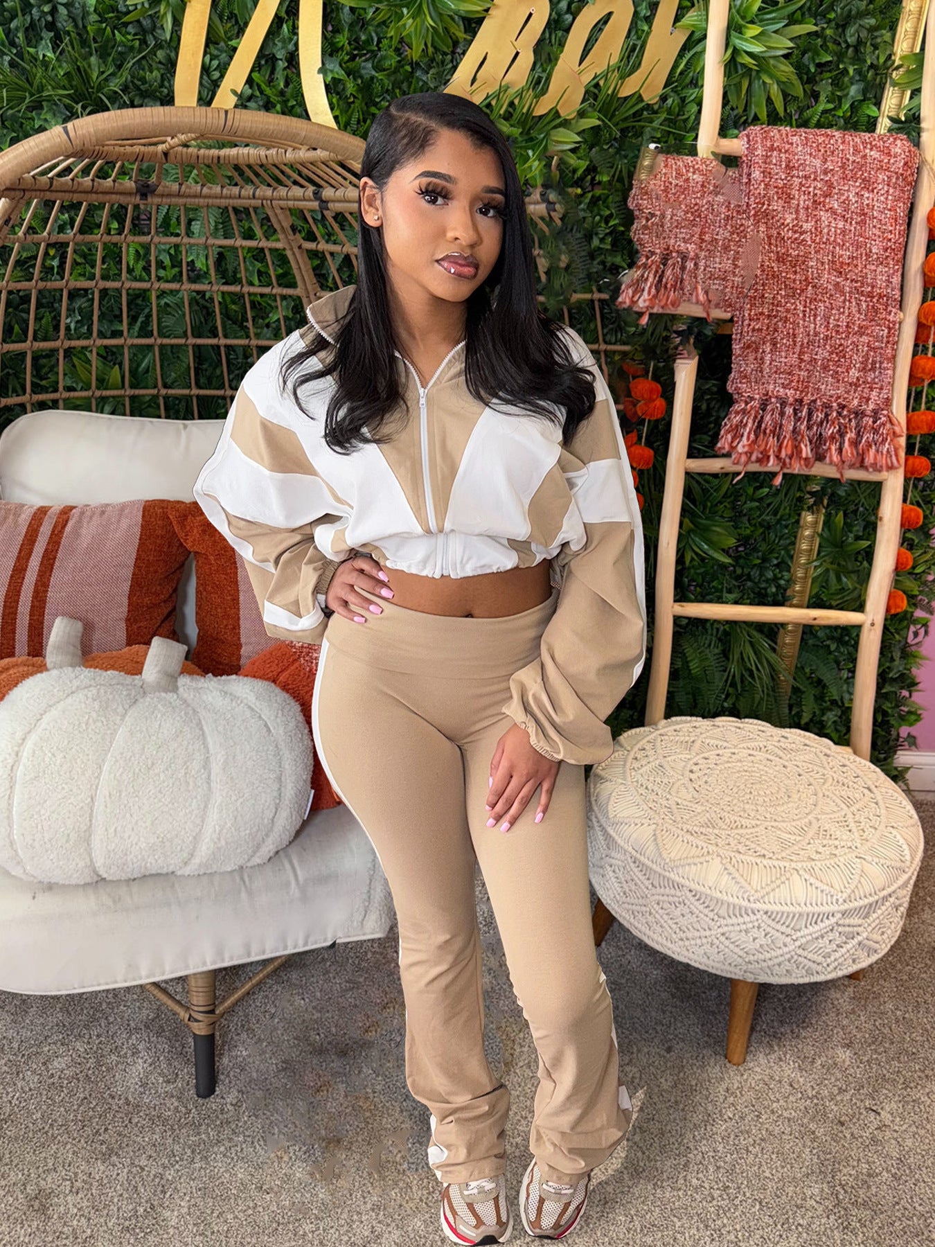 Elastic Buckle Waist Color Block Stitching Contrast Color Sports Casual Two-piece Suit