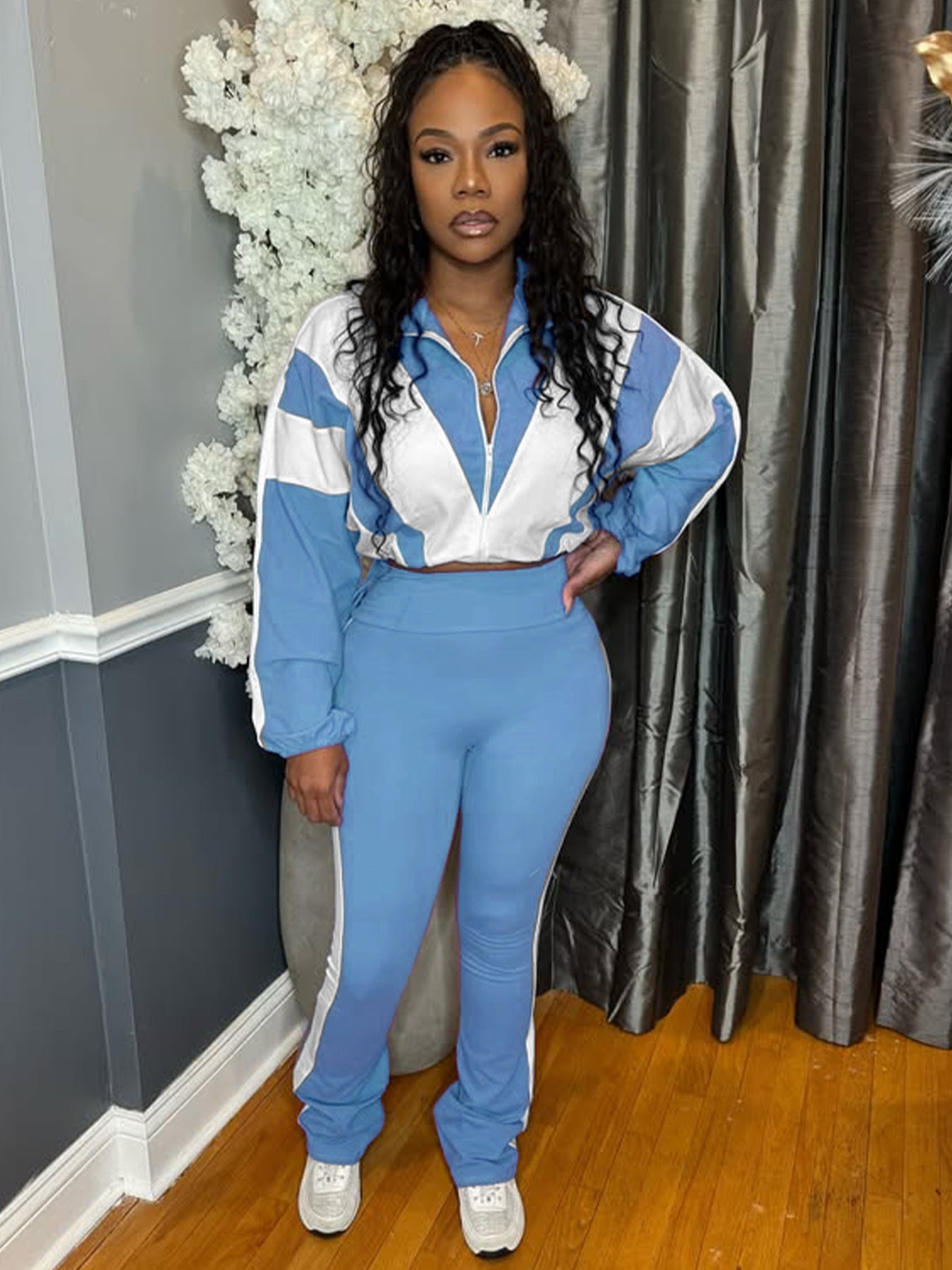 Elastic Buckle Waist Color Block Stitching Contrast Color Sports Casual Two-piece Suit