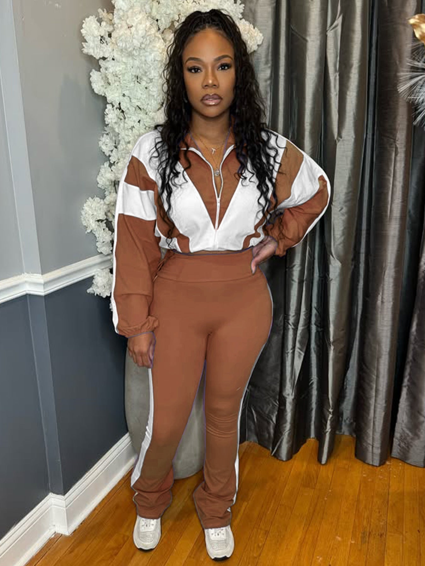 Elastic Buckle Waist Color Block Stitching Contrast Color Sports Casual Two-piece Suit