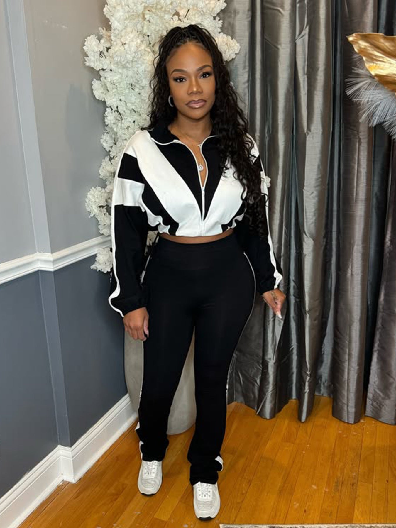 Elastic Buckle Waist Color Block Stitching Contrast Color Sports Casual Two-piece Suit