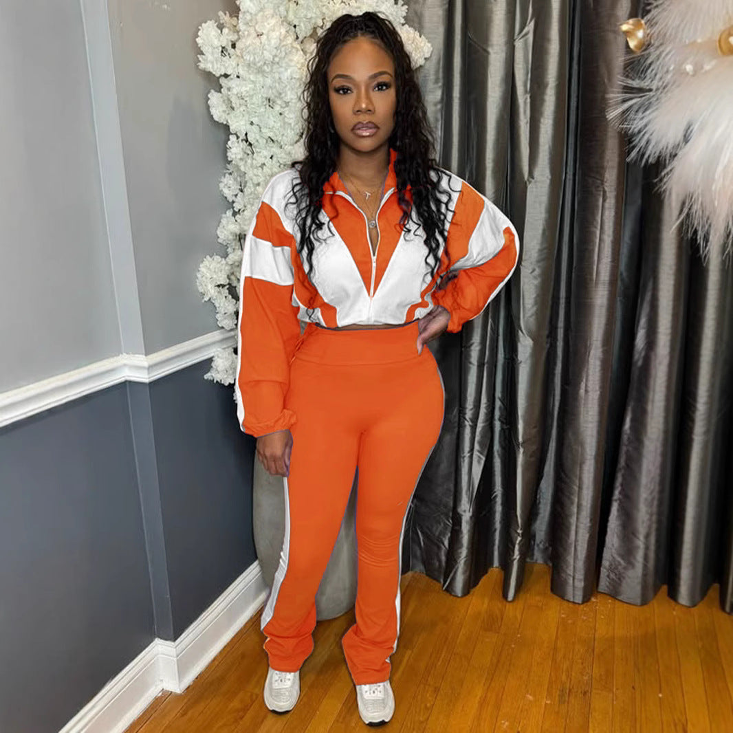 Elastic Buckle Waist Color Block Stitching Contrast Color Sports Casual Two-piece Suit