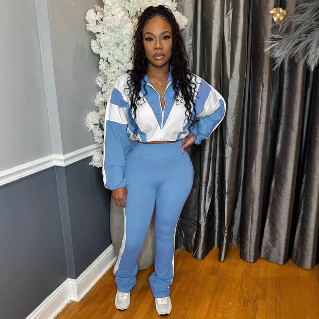 Elastic Buckle Waist Color Block Stitching Contrast Color Sports Casual Two-piece Suit