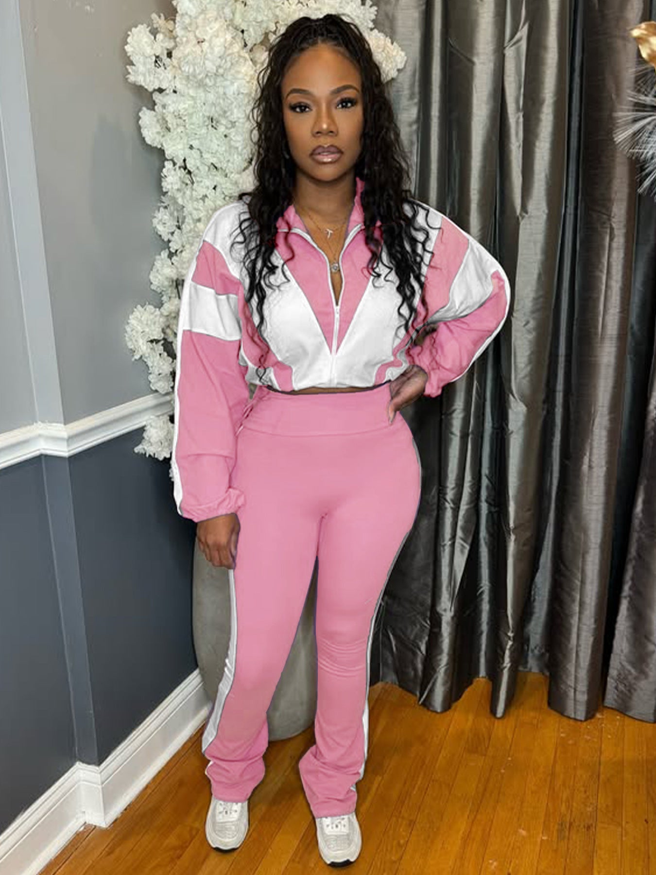 Elastic Buckle Waist Color Block Stitching Contrast Color Sports Casual Two-piece Suit