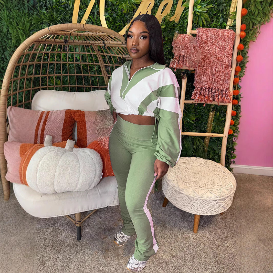 Elastic Buckle Waist Color Block Stitching Contrast Color Sports Casual Two-piece Suit