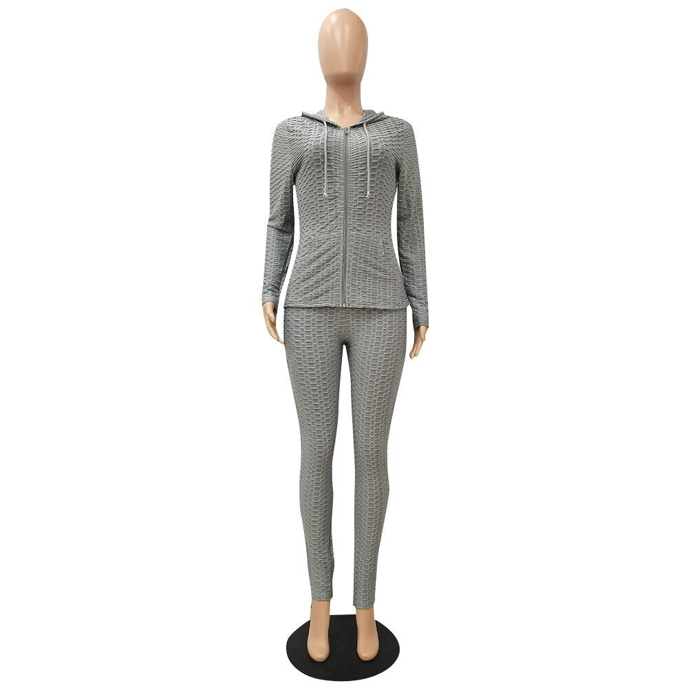 Sportswear Jacquard Hooded Set Gym Fitness Tracksuit Long Sleeve Zipper Hoodies Pencil Leggings Running Traning Outdoor Suit